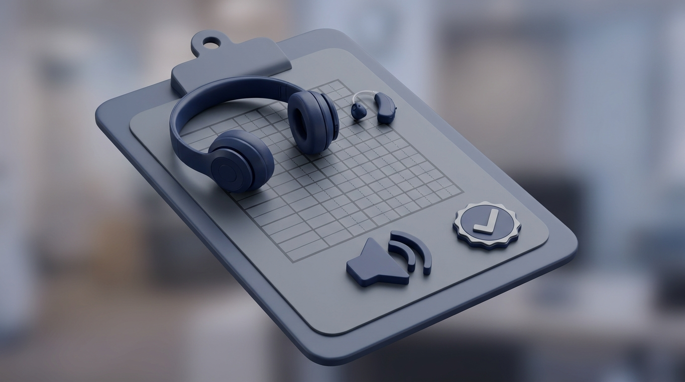 Clipboard with audiogram grid, headphones, and hearing aid to represent diagnostic testing