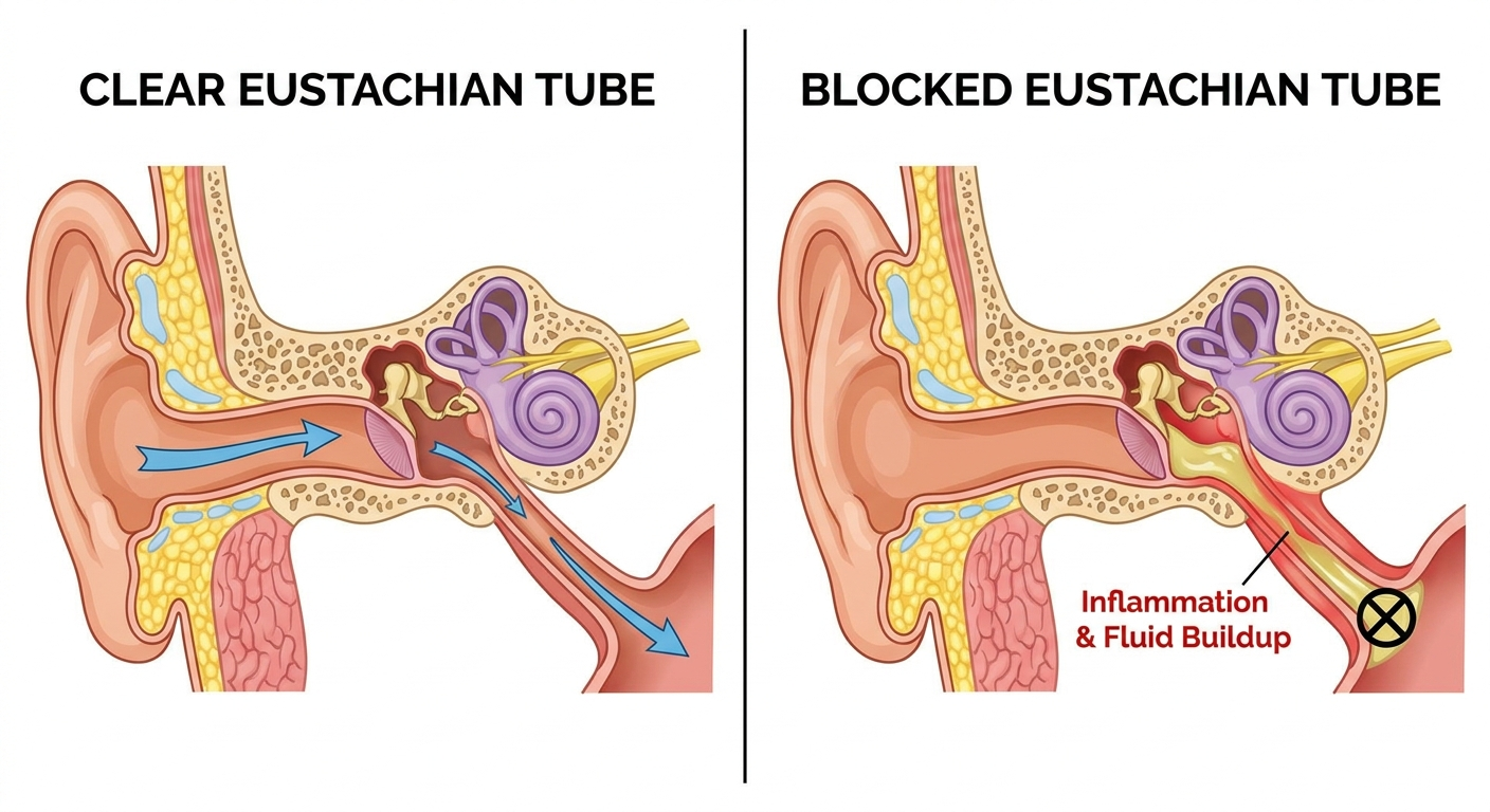 Eustachian tube: clear vs blocked.