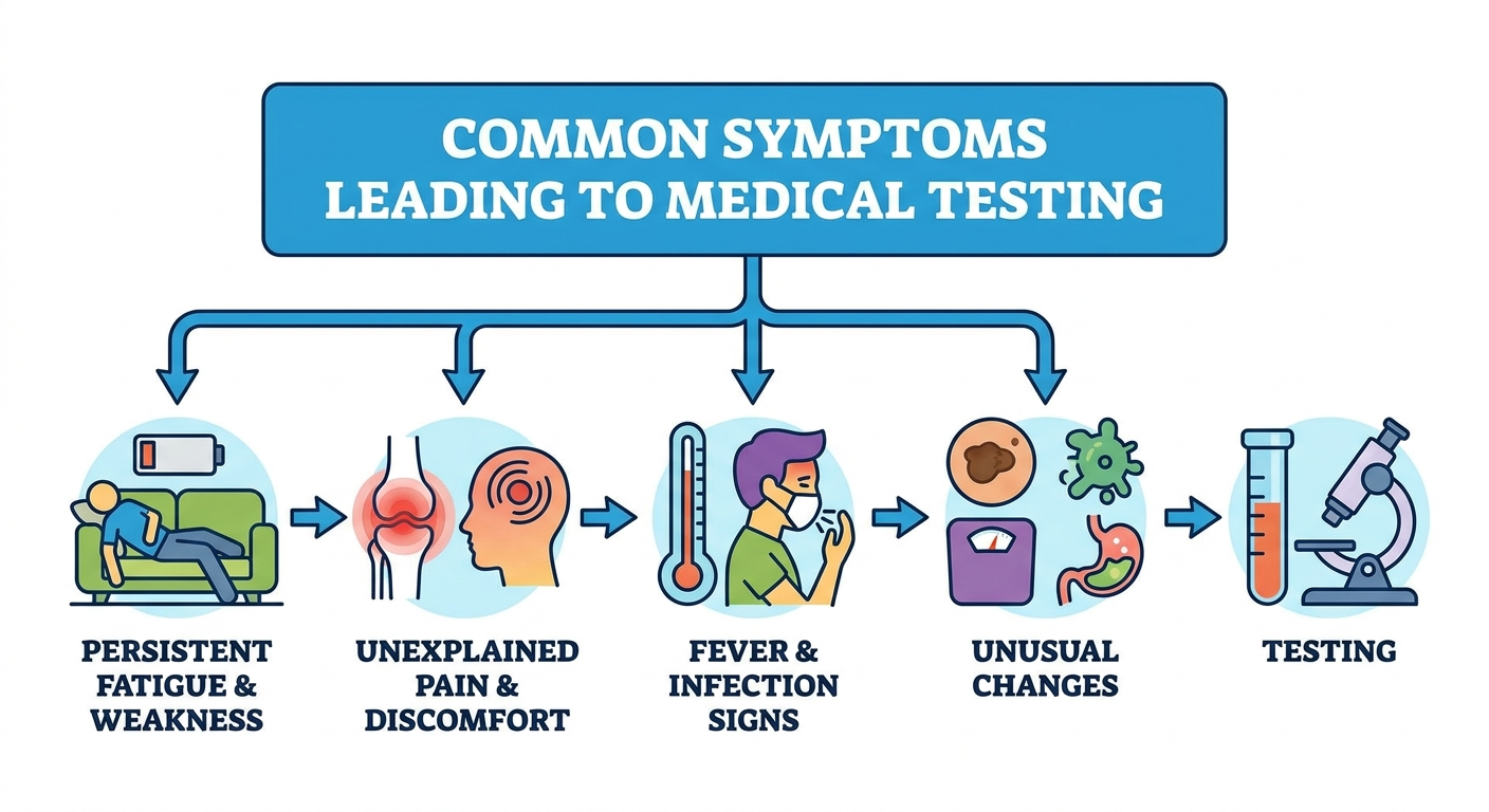Common symptoms that lead to testing.
