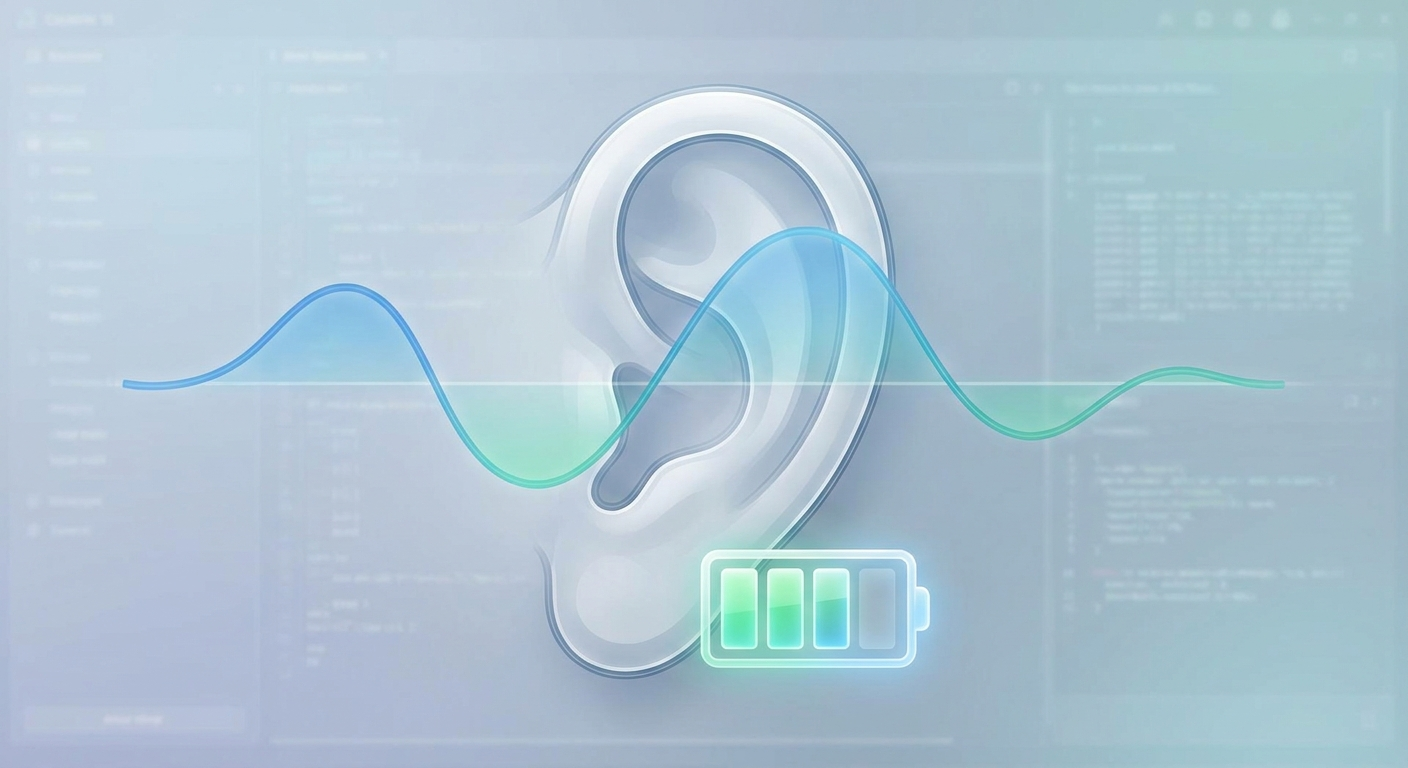 Ear with smooth waveform and battery icon, suggesting listening effort and fatigue