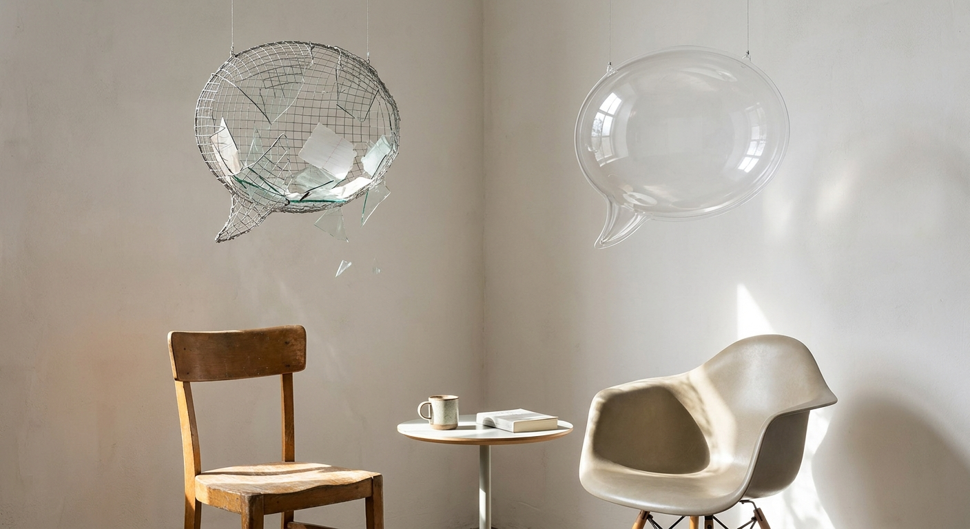 Two chairs with fragmented and clear speech bubbles, symbolizing communication barriers and clarity