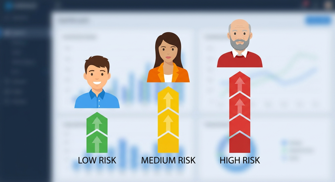 Three avatars with rising risk bars, highlighting groups at higher risk