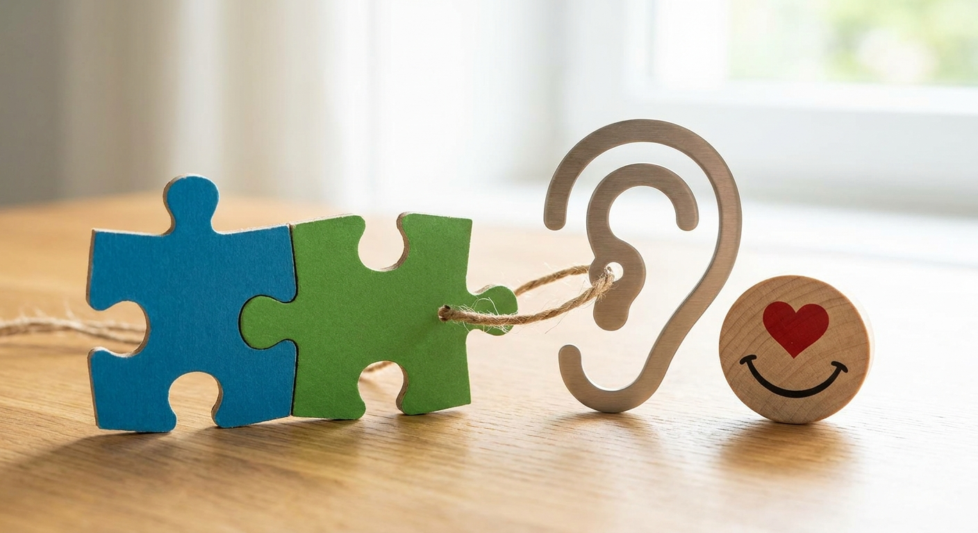 Two puzzle pieces with ear and heart icons, illustrating integrated hearing and mental-health care