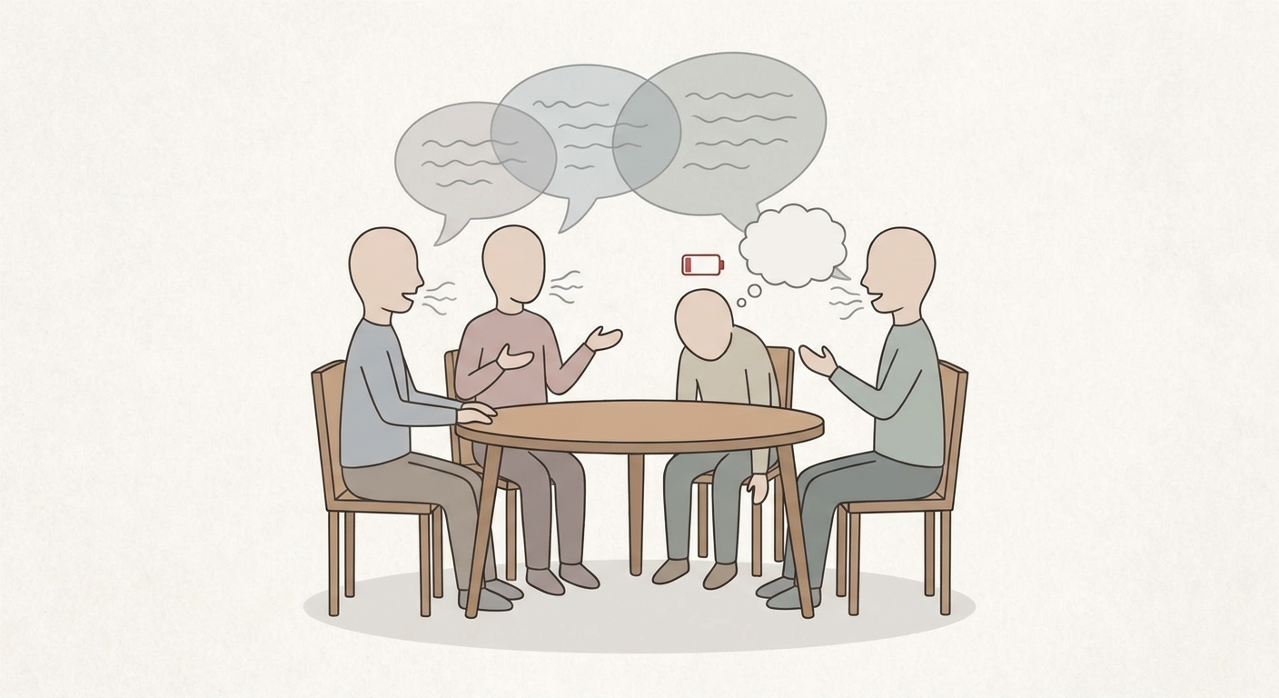 Listening fatigue at a small round meeting table with overlapping speech bubbles and a low-battery icon above the listener