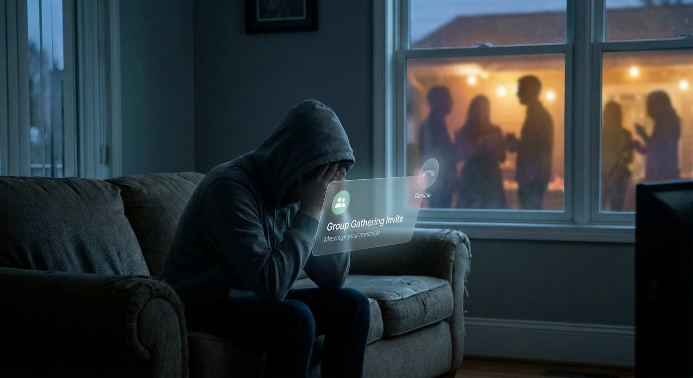 Emotional impact at home: person on sofa declining an invite while others gather outside