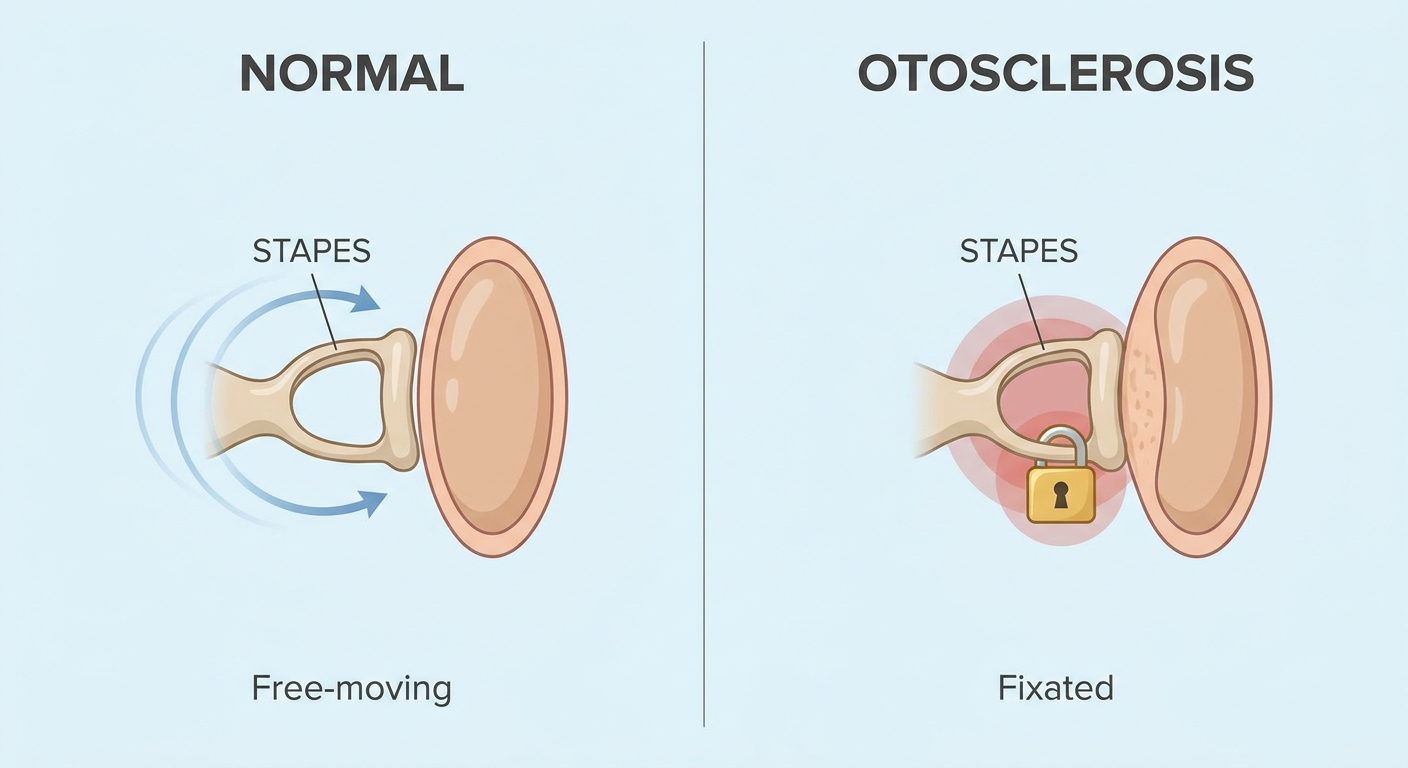 Normal vs Otosclerosis: free-moving stapes vs fixed stapes with padlock icon