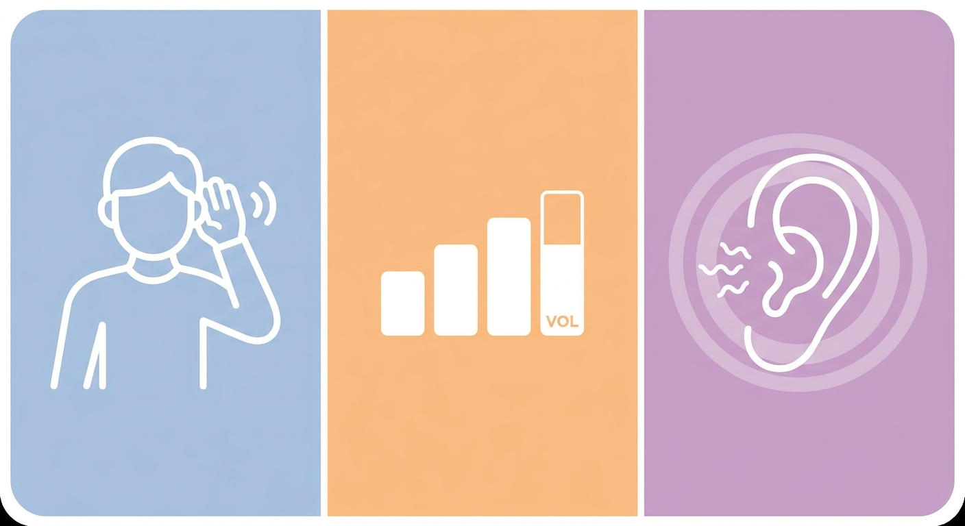 Symptoms strip: cupping ear, increasing TV volume bars, tinnitus rings