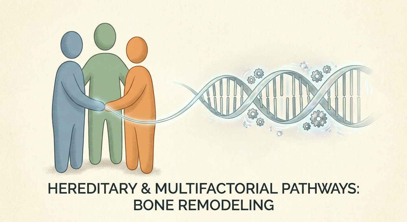 Hereditary and multifactorial concept: family figures connected to a DNA helix and gear icons