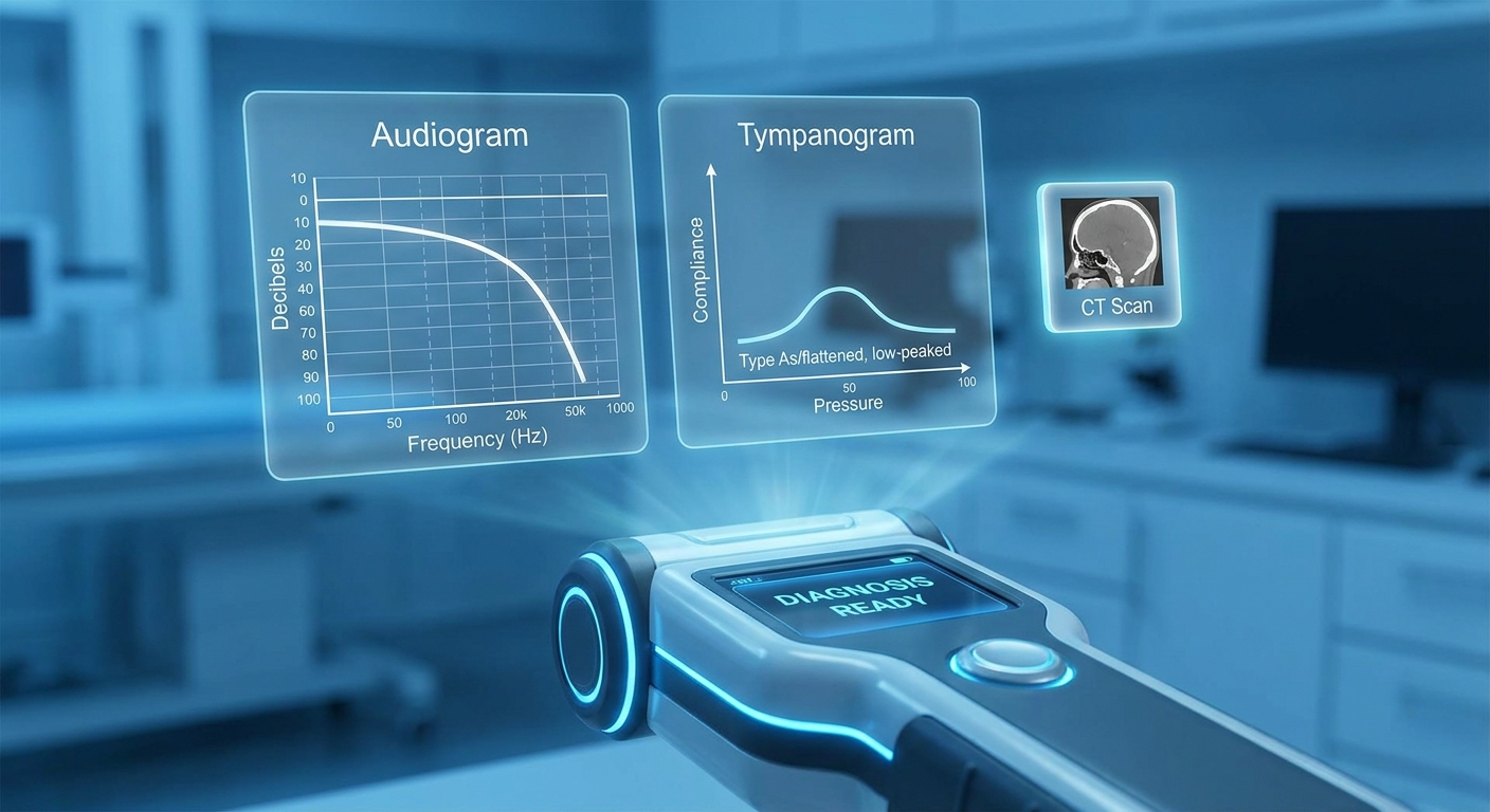 Diagnosis cards: audiogram with conductive gap, tympanogram Type As, CT tile