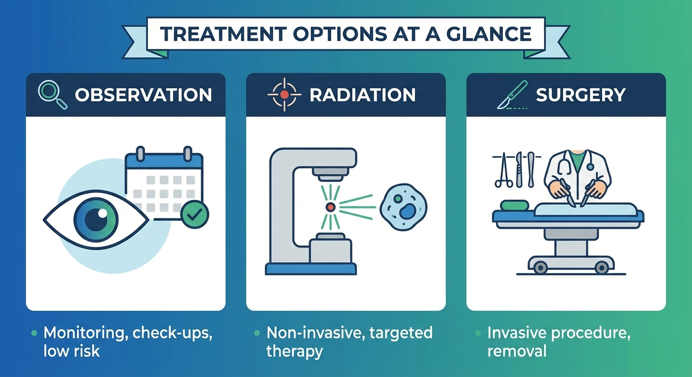 Treatment options: observation, radiation, surgery