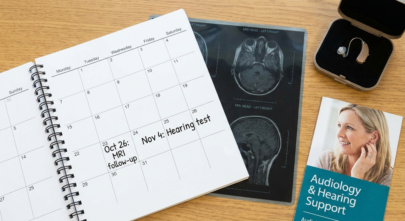 Recovery and follow-up: calendar, MRI, hearing support