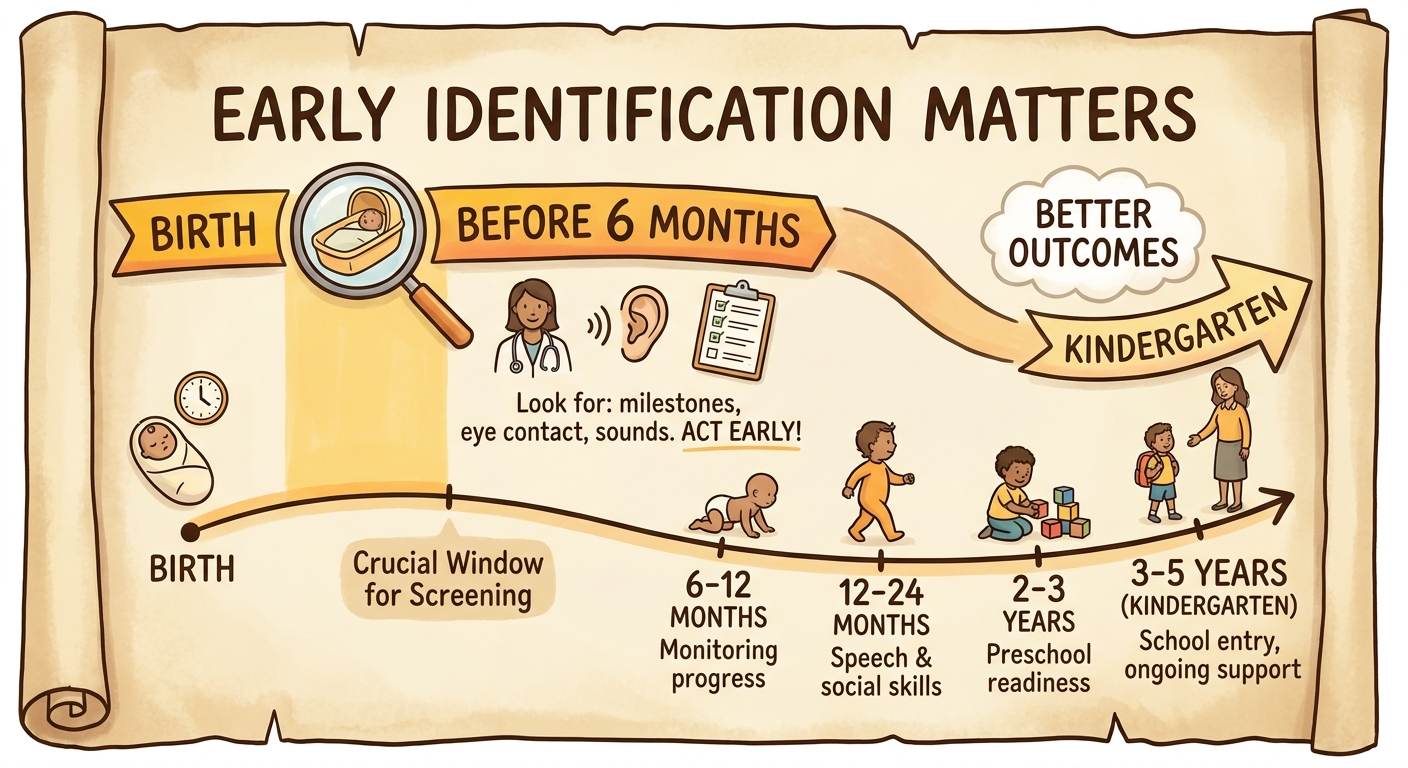 Early identification matters—simple timeline from birth to kindergarten with emphasis on before 6 months.