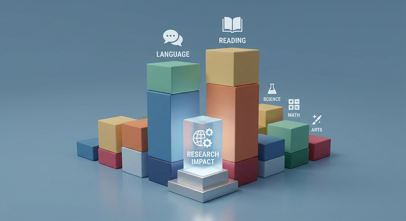 Research impact—language and reading most affected—visualized with simple 3D blocks/icons of varying heights.