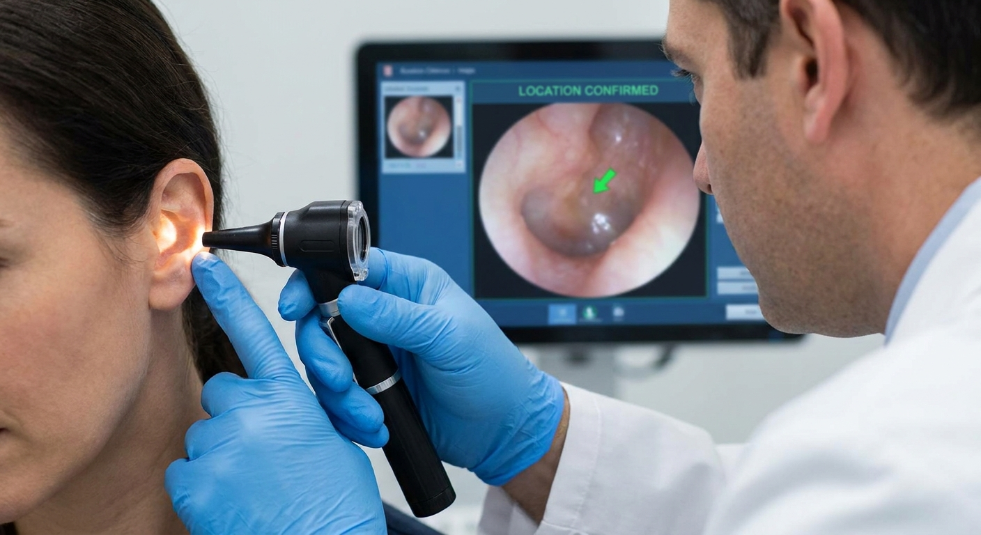 Otoscope exam confirms whether the outer canal or middle ear is affected.