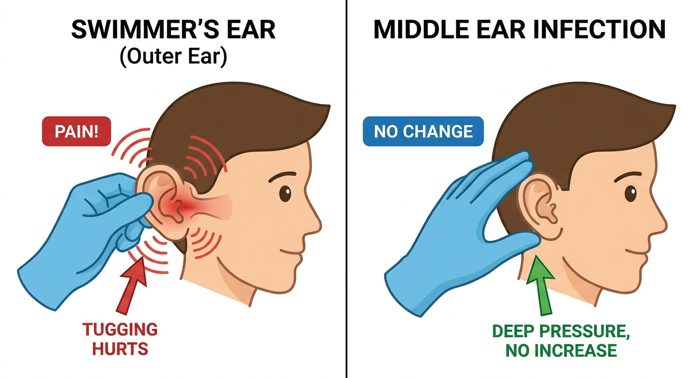 Pain trigger test: tugging the outer ear hurts in swimmer’s ear; deep pressure unchanged in middle ear infection.