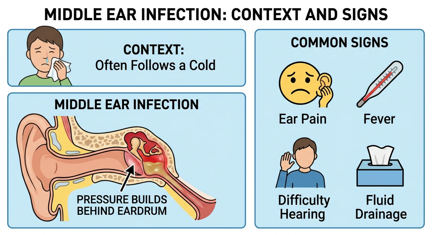 Middle ear infection context and signs: often follows a cold; pressure builds behind the eardrum.