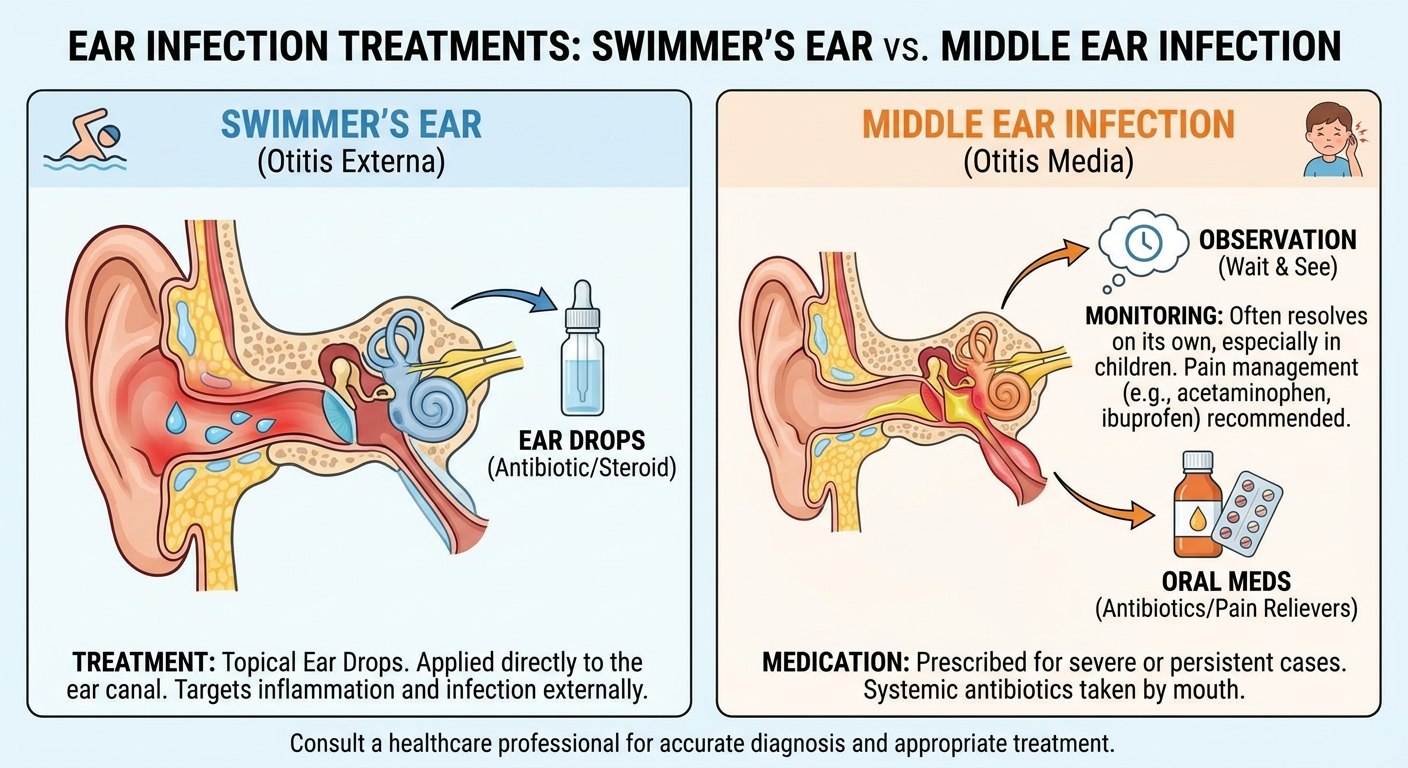 Treatments differ: ear drops for swimmer’s ear; observation or oral antibiotics for middle ear infection.