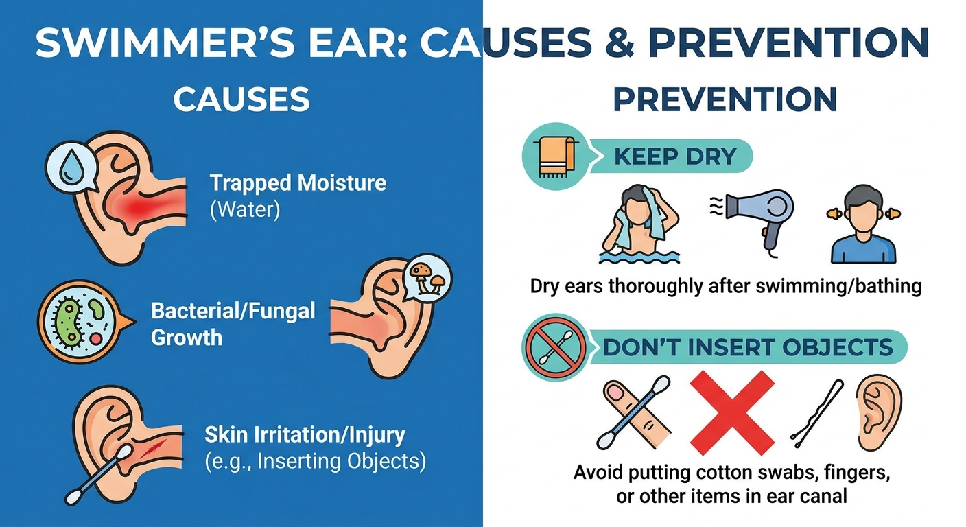 Swimmer’s ear causes and prevention: keep ears dry and avoid inserting objects.