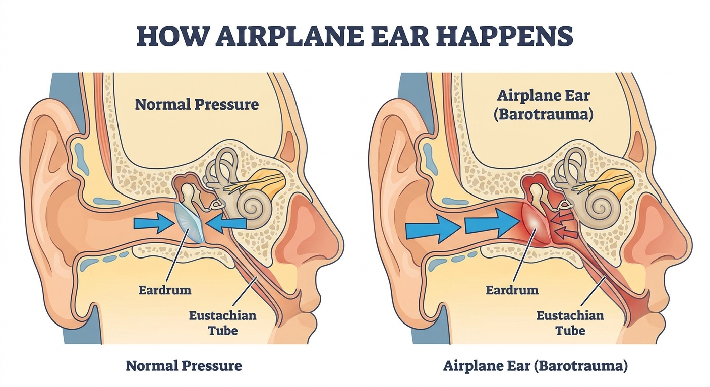 How airplane ear happens: head-and-ear cross-section with eardrum, Eustachian tube, and pressure arrows.