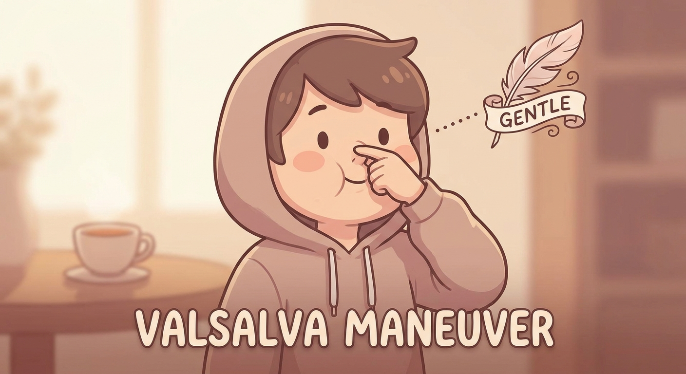 Gentle Valsalva: character pinching nose with slight puffed cheeks and feather icon to emphasize gentle pressure.