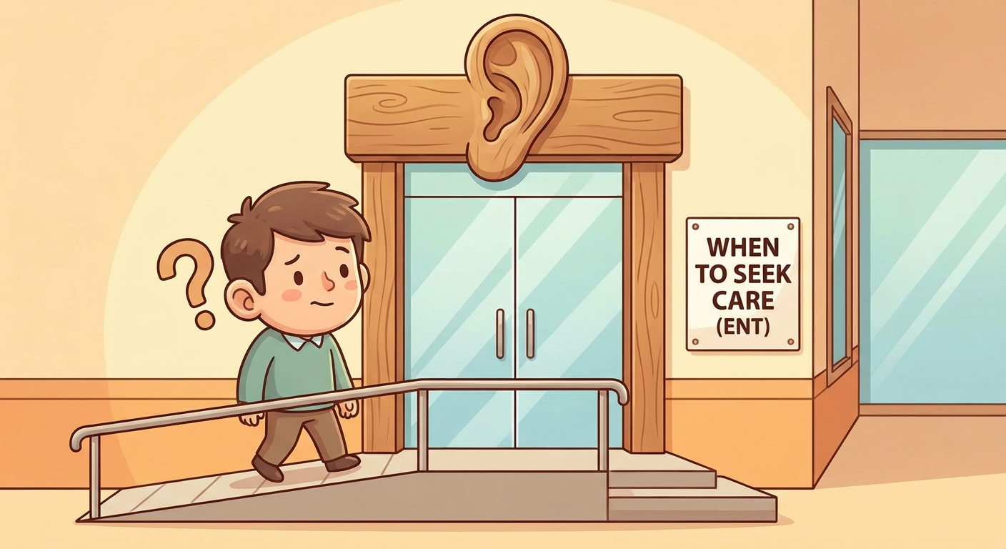 When to seek care: friendly ENT clinic doorway with ear emblem; person approaching with a question mark near ear.