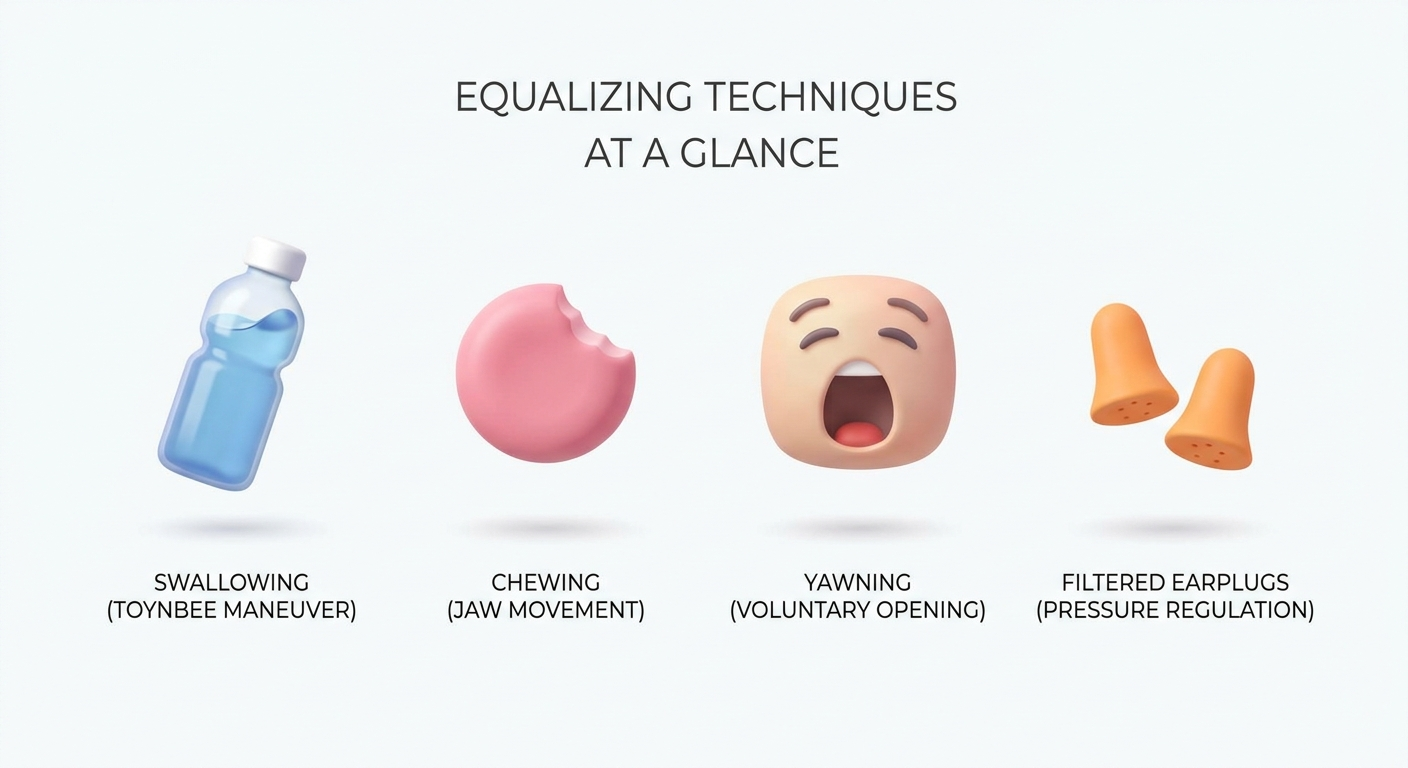 Equalizing techniques at a glance: icons for water bottle, gum, yawning face, and filtered earplugs.