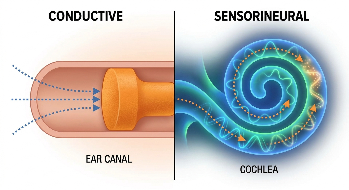 Conductive blockage versus sensorineural pathway illustration