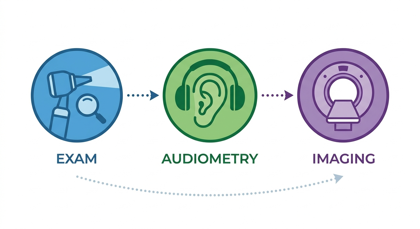 Diagnostic pathway: otoscope exam, audiometry, MRI