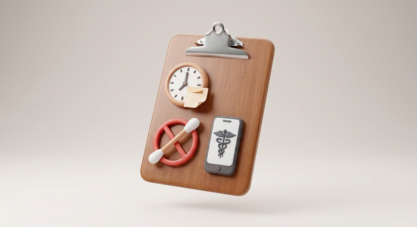Action checklist: timing note, no cotton swabs, call ENT