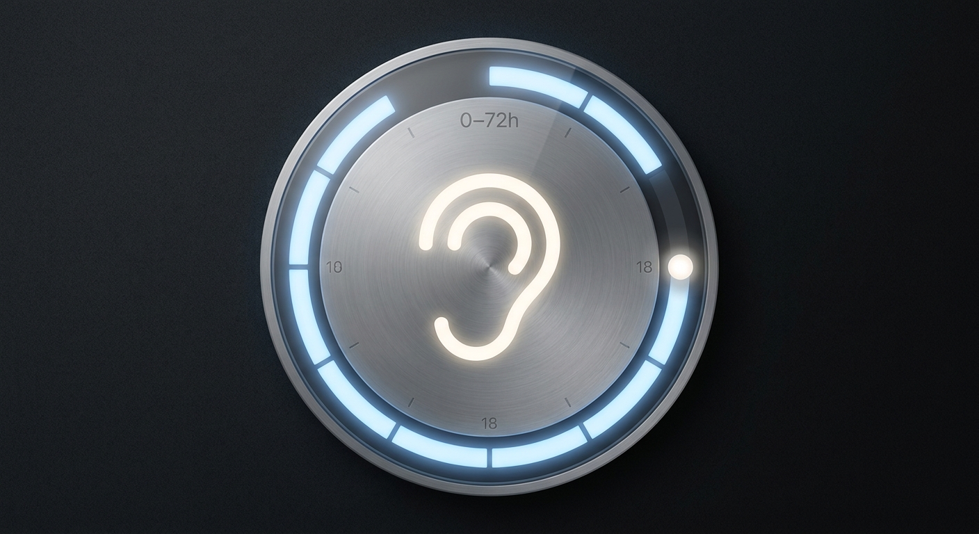Clock-style 0–72 hour window highlighting urgency for sudden hearing loss evaluation