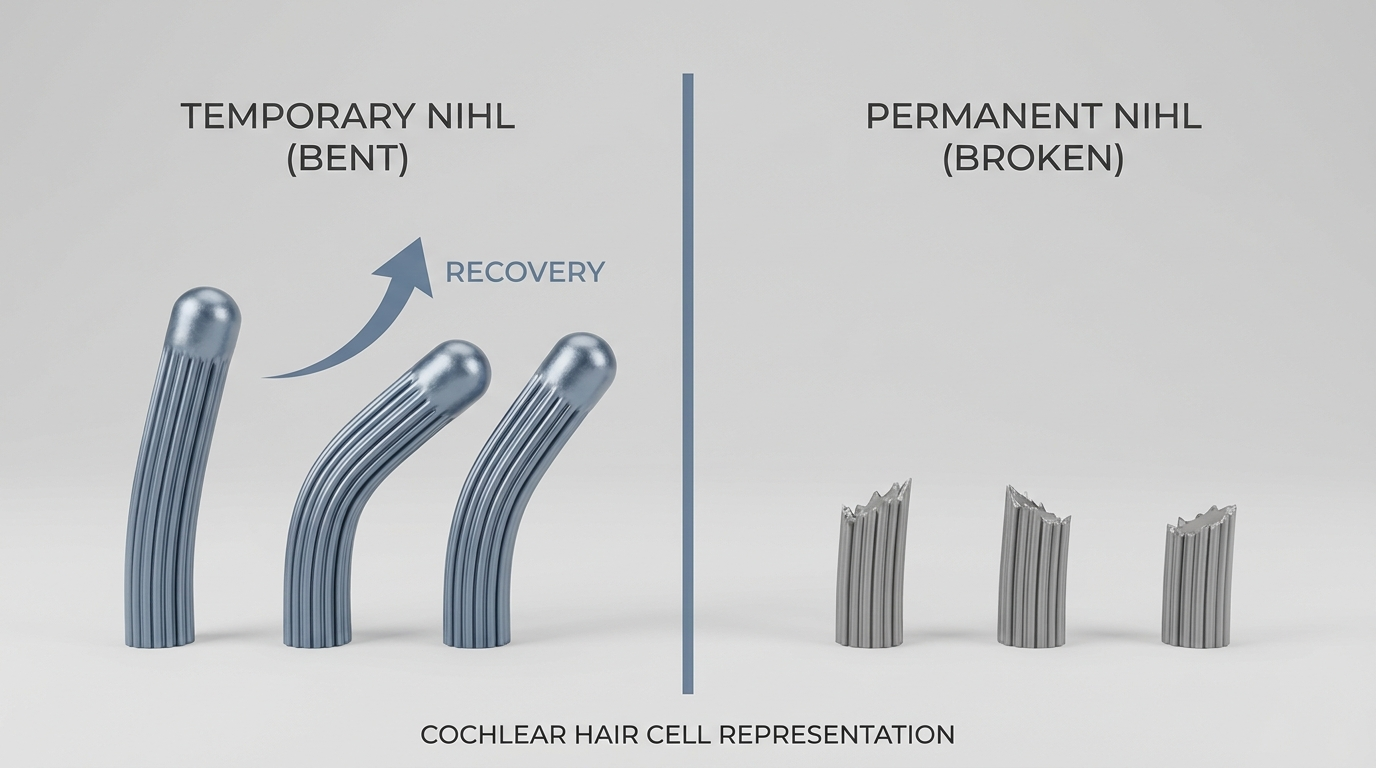 Temporary vs. permanent noise-induced hearing loss: bent vs. broken cochlear hair cell bristles