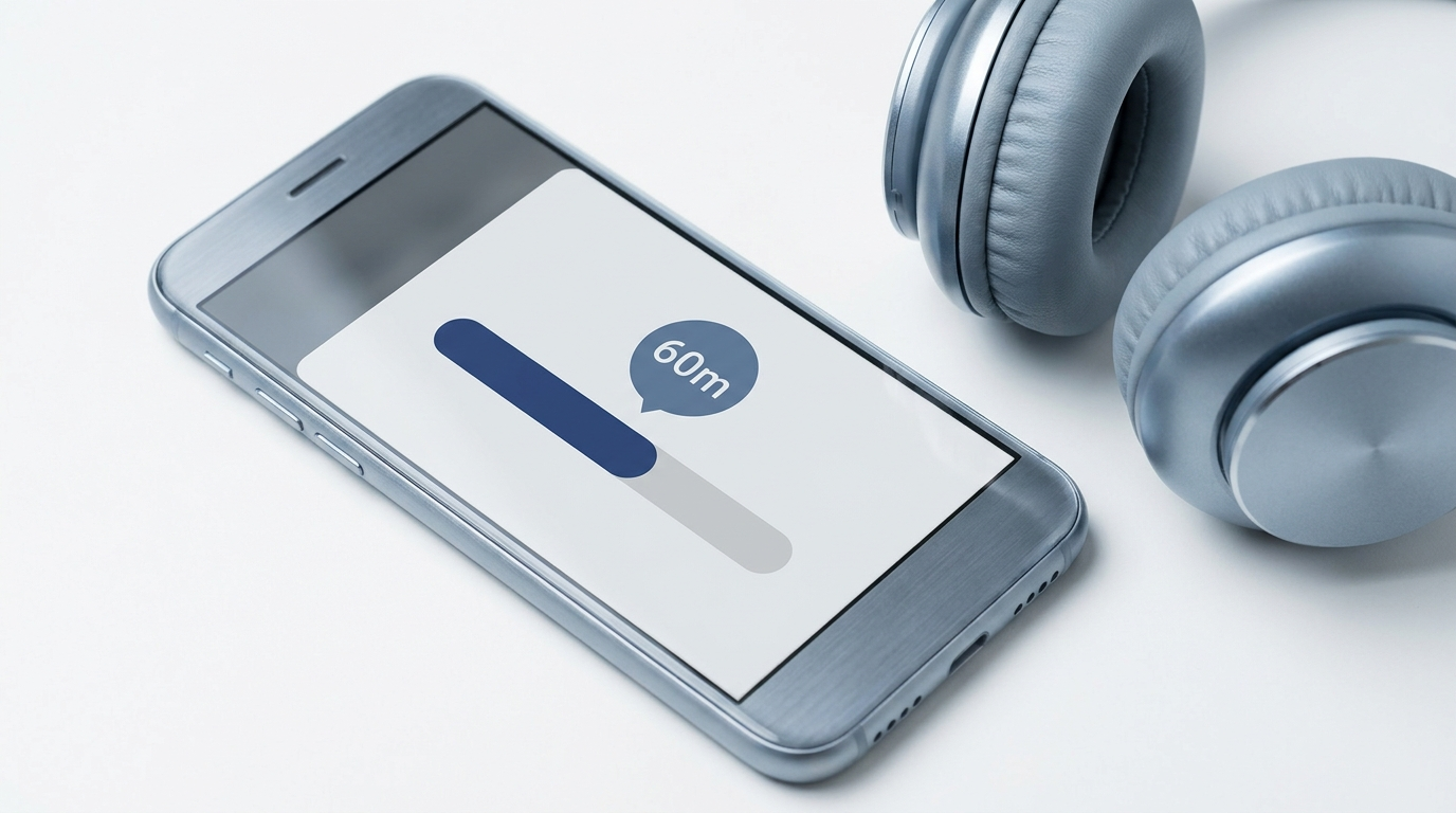 60/60 safe listening rule shown on a smartphone volume slider with a 60-minute timer badge