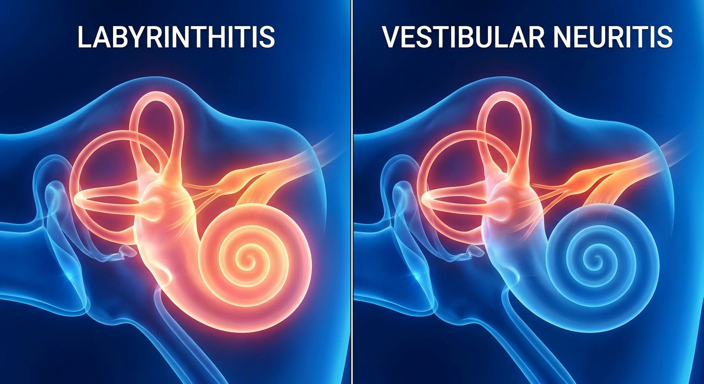 Where inflammation occurs: labyrinthitis (labyrinth) vs vestibular neuritis (vestibular nerve)