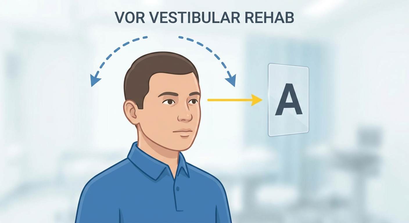 Vestibular rehab VOR exercise: eyes fixed on target while head turns
