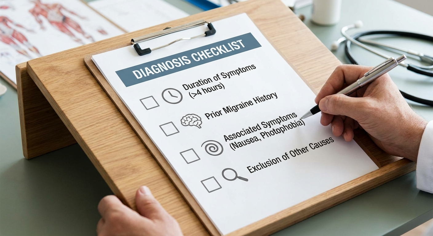 Diagnosis checklist with duration, migraine history, symptoms, exclusion