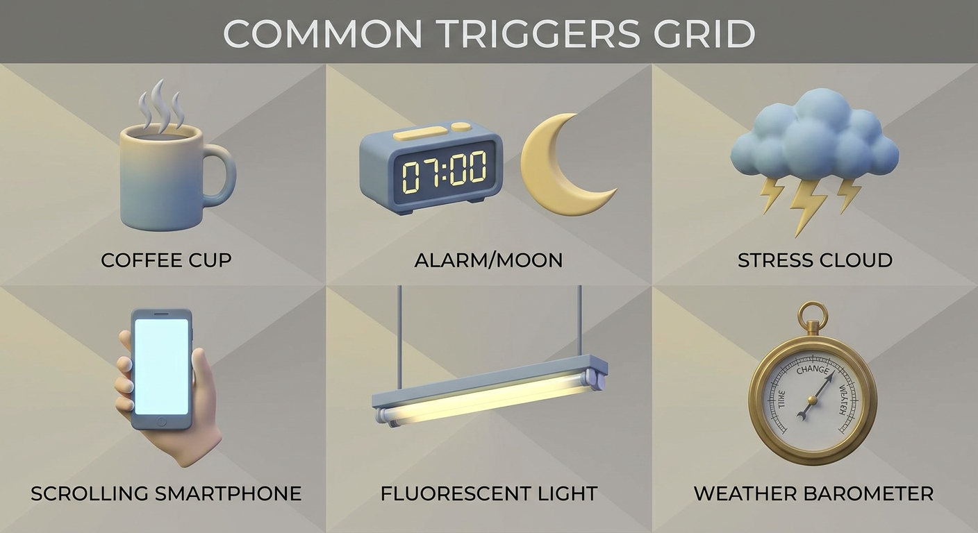 Common triggers: caffeine, sleep disruption, stress, screens, fluorescent light, weather