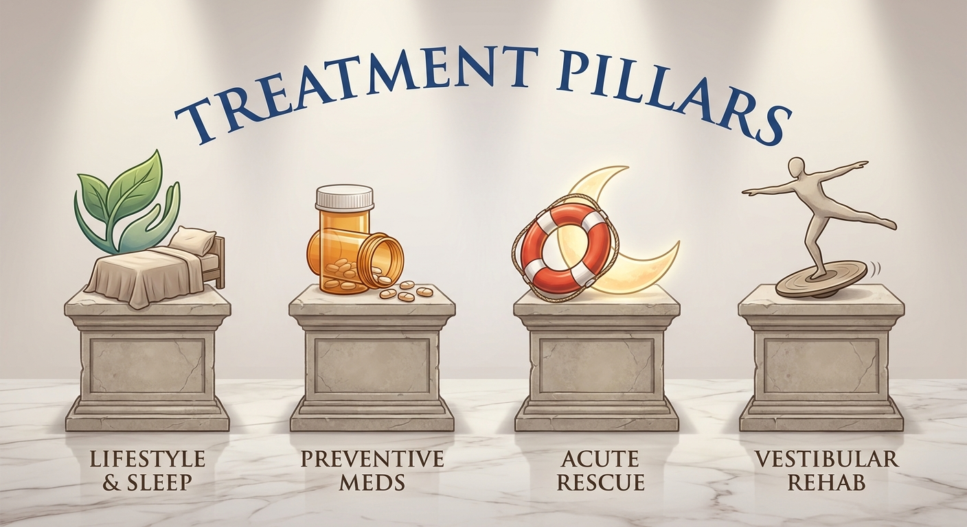 Four treatment pillars: lifestyle/sleep, preventive meds, acute rescue, vestibular rehab