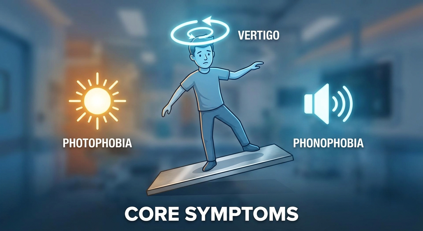 Core symptoms illustration: vertigo, photophobia, phonophobia