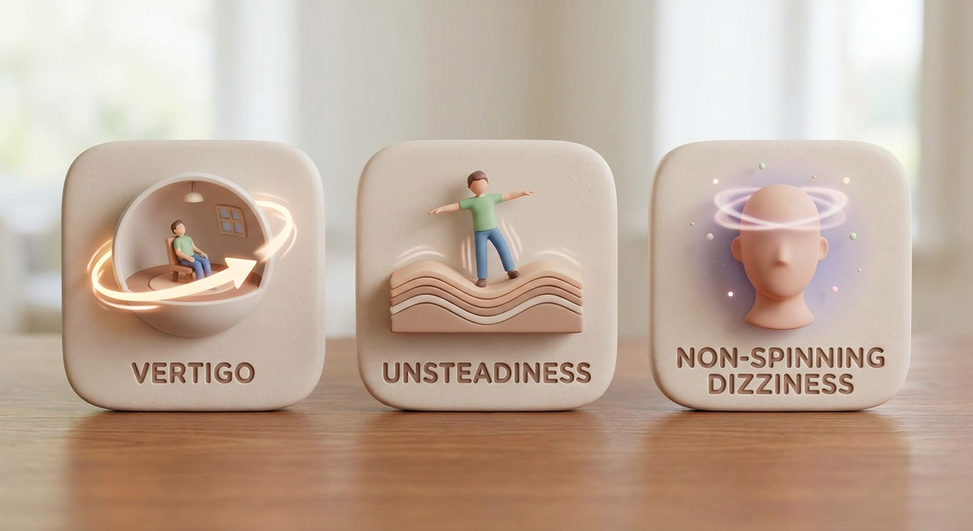 Three tiles illustrating Vertigo, Unsteadiness, and Non-spinning dizziness