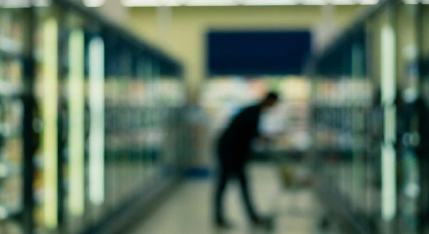 Abstract grocery aisle with a person focusing on a distant stable point