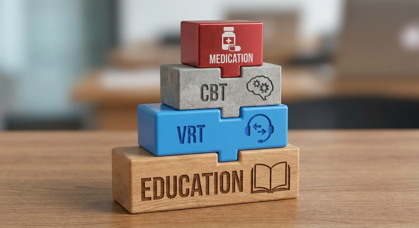 Stacked blocks labeled Education, VRT, CBT, and Medication