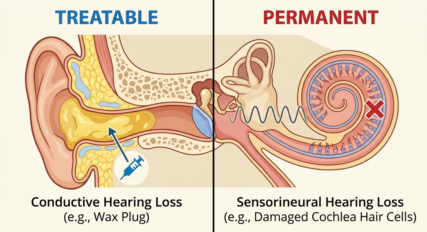 Treatable vs. permanent hearing loss: earwax vs. sensorineural cochlea