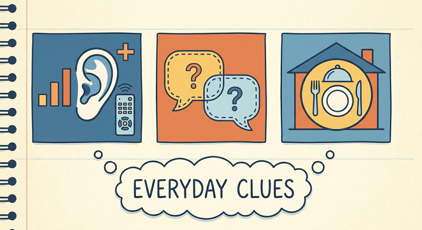 Everyday clues of hearing loss: TV volume, speech bubbles, restaurant noise