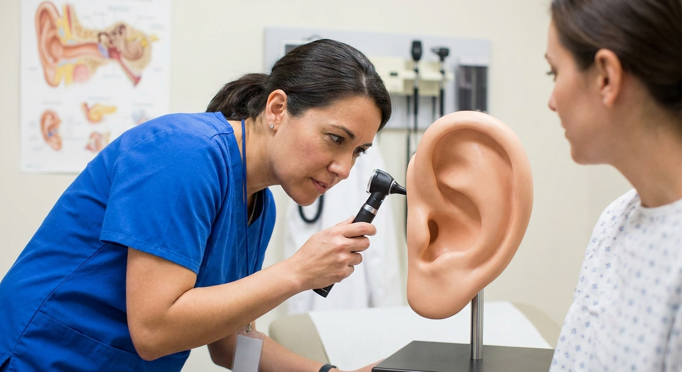 ENT ear exam with otoscope