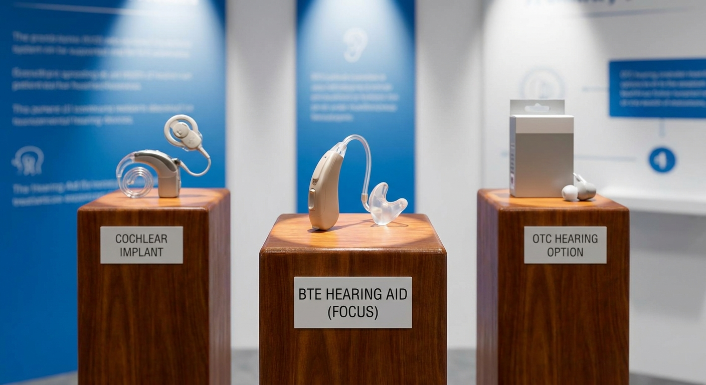 Hearing aids vs. other options: behind-the-ear aid, cochlear implant, and OTC device