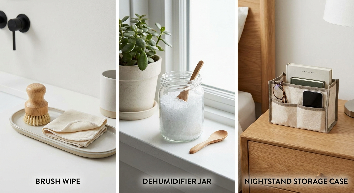 Three-panel daily care: brush and wipe, dehumidifier jar, and nightstand storage case