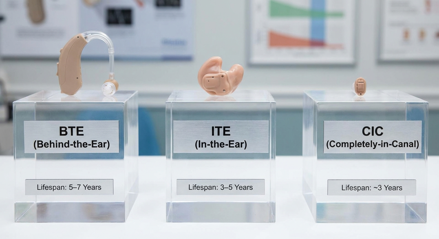 Comparison of BTE, ITE, and CIC hearing aid lifespans: about 5–7, 3–5, and ~3 years respectively