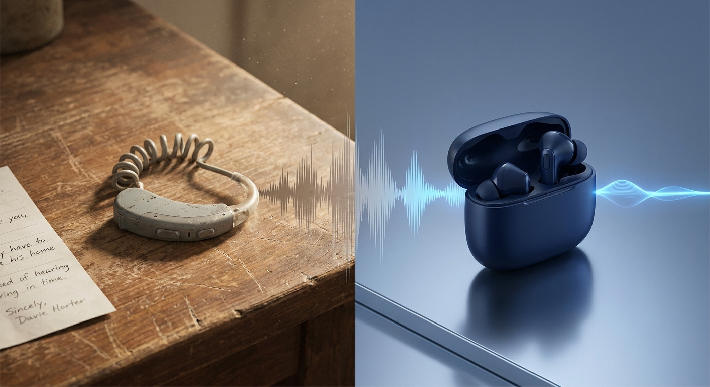 Old worn hearing aid versus sleek new device with soundwave transition