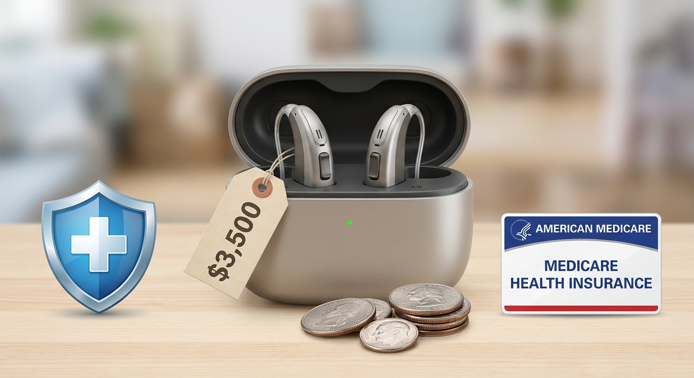 Hearing aids with price tag, coins, insurance shield, and Medicare card icons