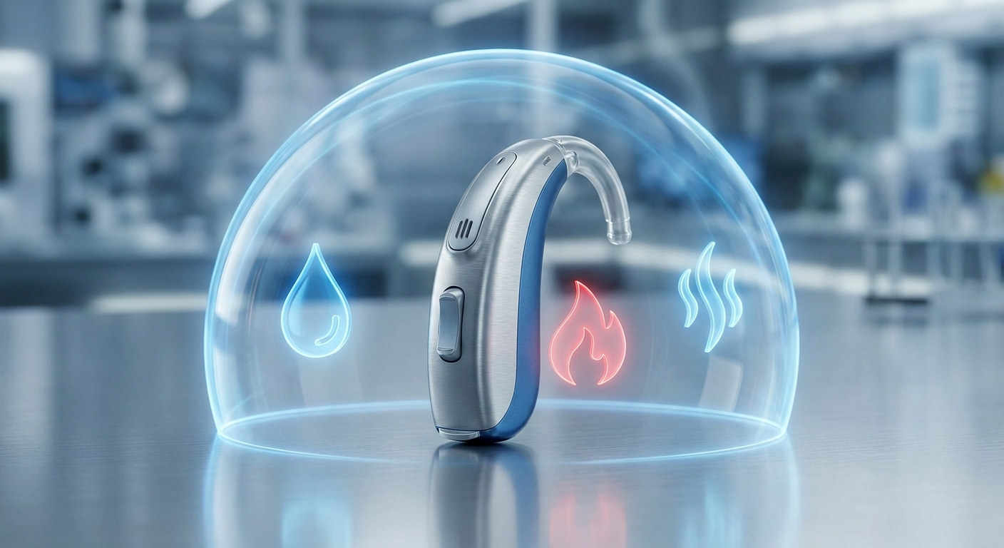 Hearing aid with moisture, heat, and sweat protection icons